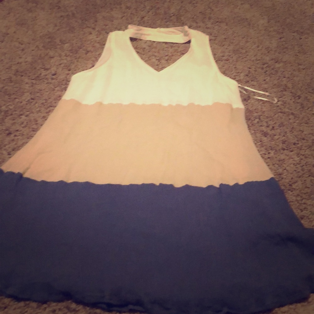 Blue, white, and tan long tank shirt